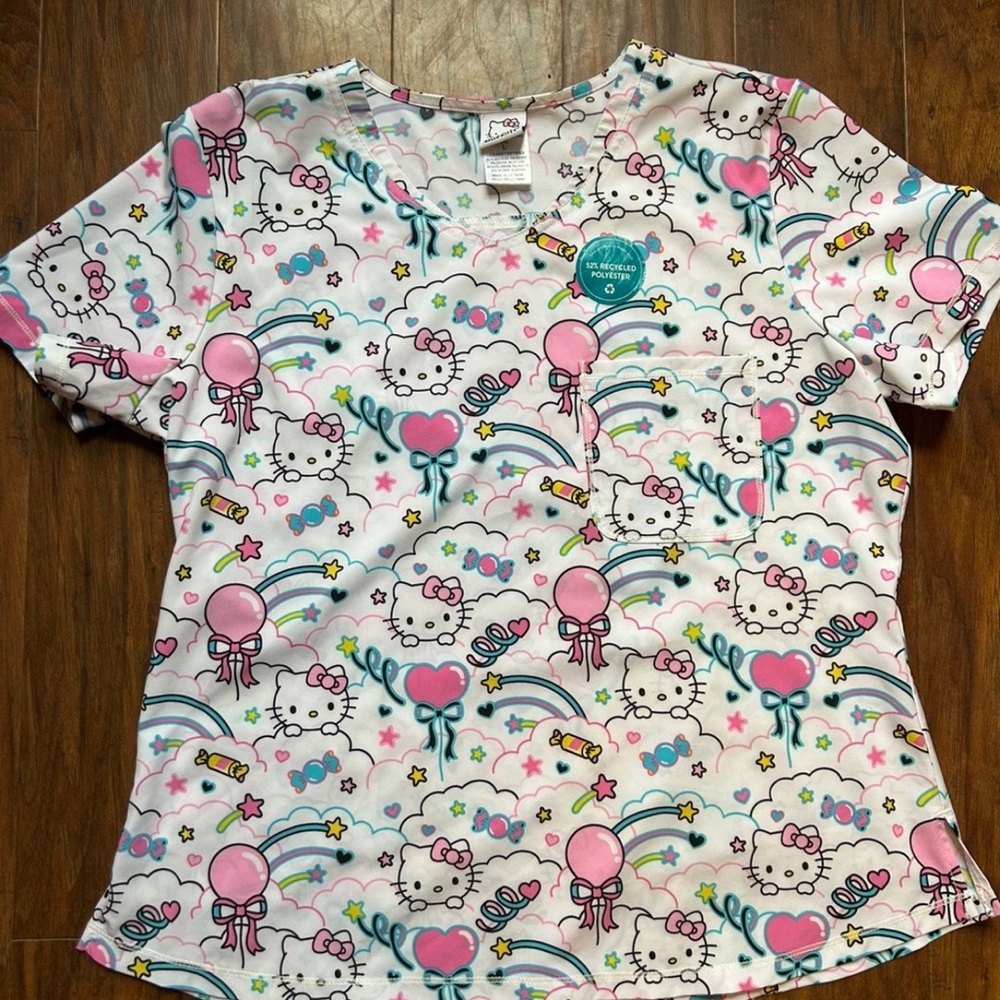 Hello Kitty Pastel Print Scrub Top with Pink and Blue Accents Size Large NWT